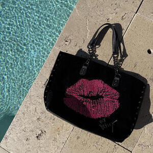 Vintage Betsey Johnson Black Tote Bag with Pink Rhinestone Lips Design RARE
